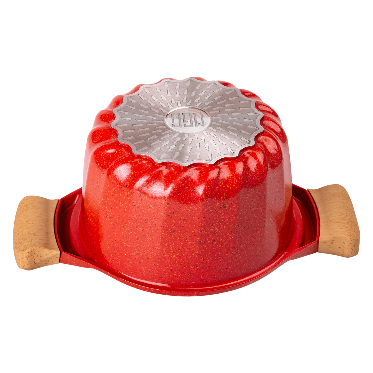 Набір посуду, 3 каструлі, товстодонне алюмінієве дно MGC з лопаткою та ополоником, червоний.