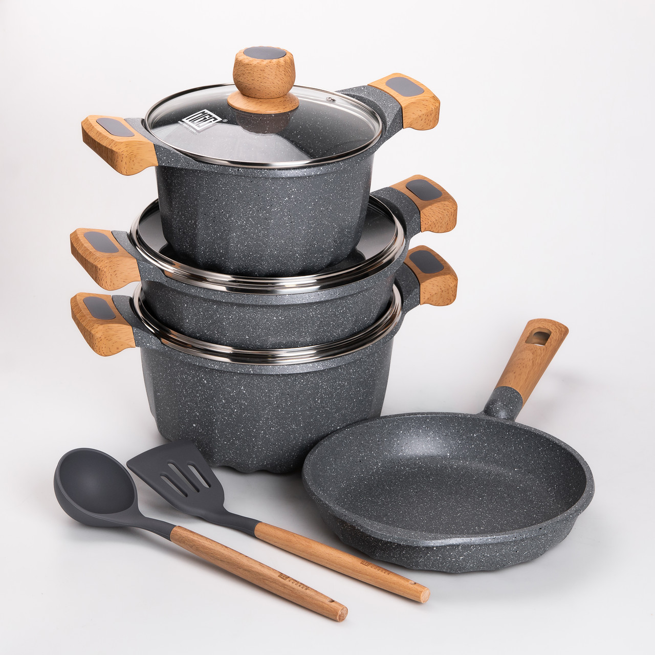 Сірий набір кухонного посуду з мармуровим покриттям та скляними кришками MGC