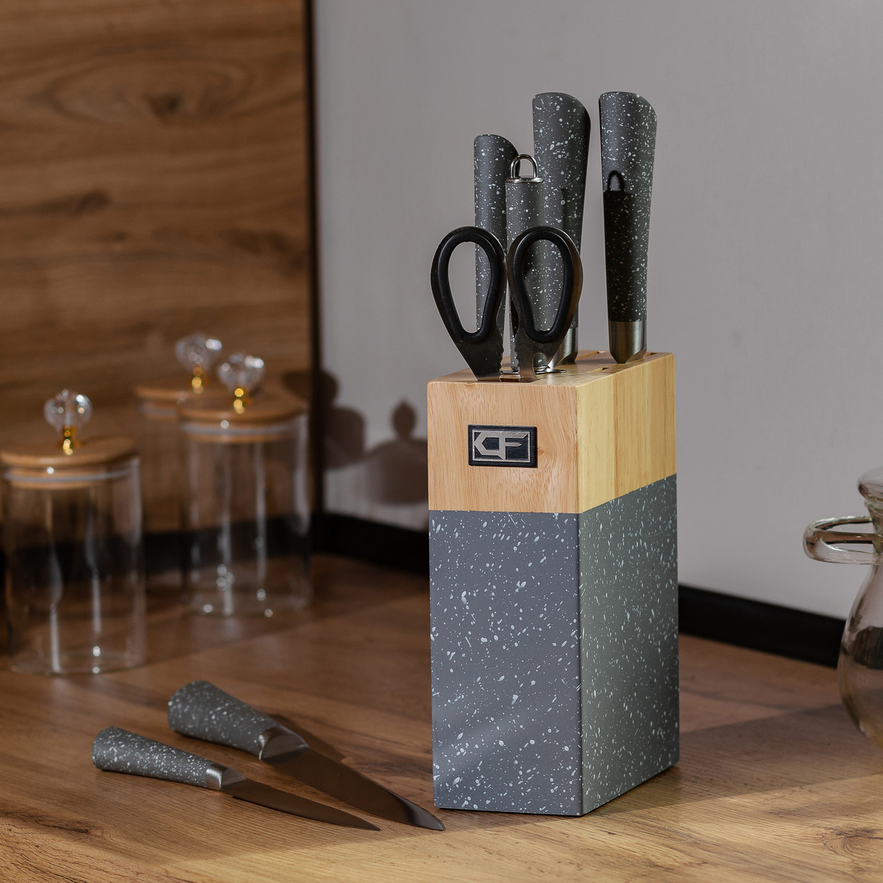 Набір кухонних ножів з ножицями і мусатом для кухні 5 штук 33.5/30/31/24.5/21.5 см сірий