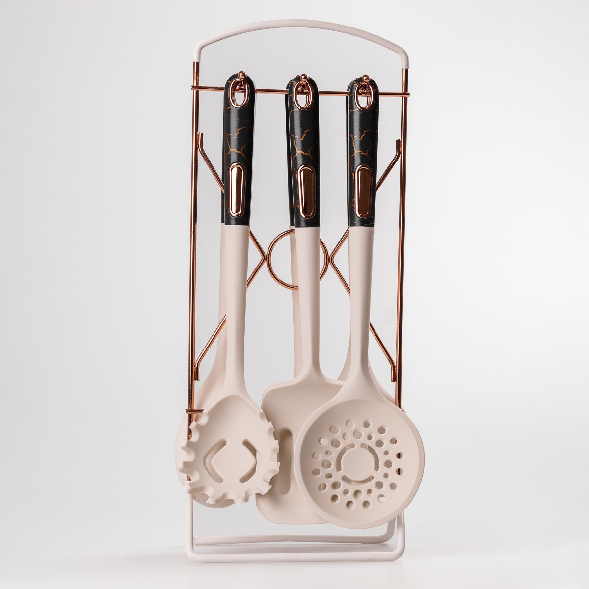 Набір кухонного приладдя на підставці 6 штук кухонні аксесуари Бежевий із чорною ручкою