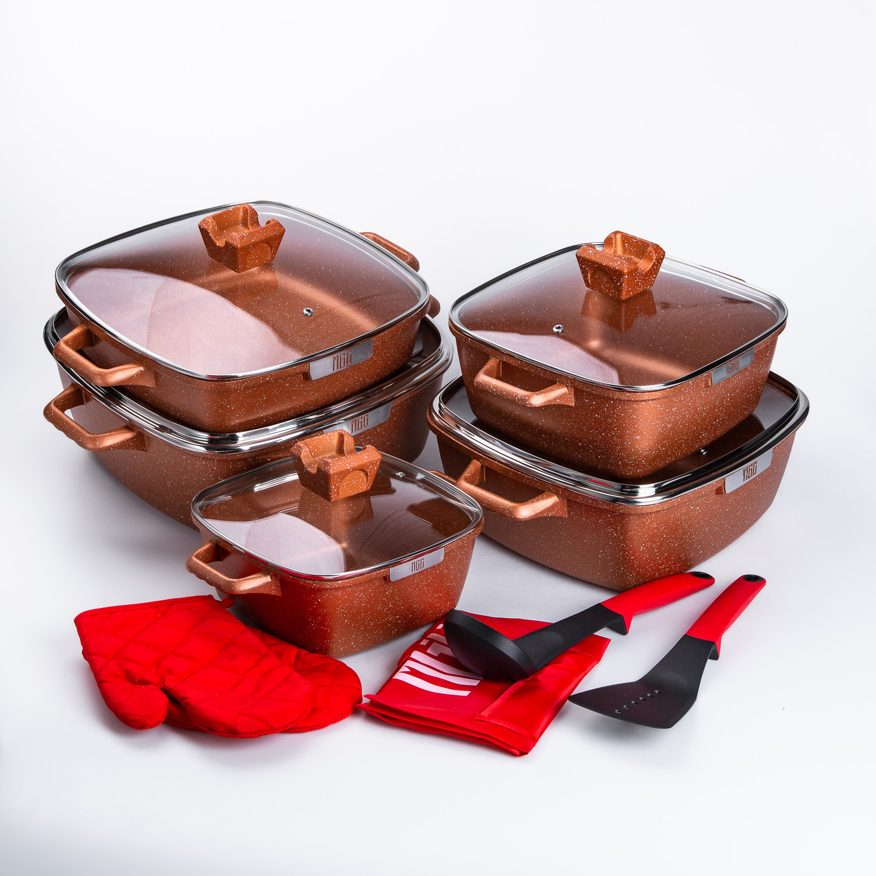 Набір з 5 алюмінієвих квадратних каструль з товстим дном MGC + лопатка, ополоник, рукавички та фартух