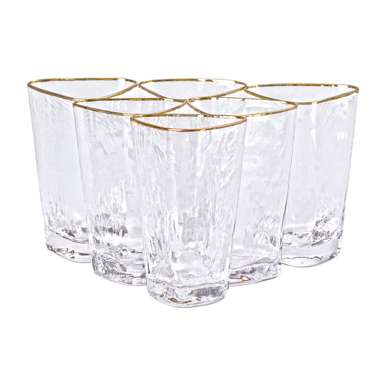 Набір із 6 прозорих склянок трикутної форми з золотим обідком, об'ємом 450 мл