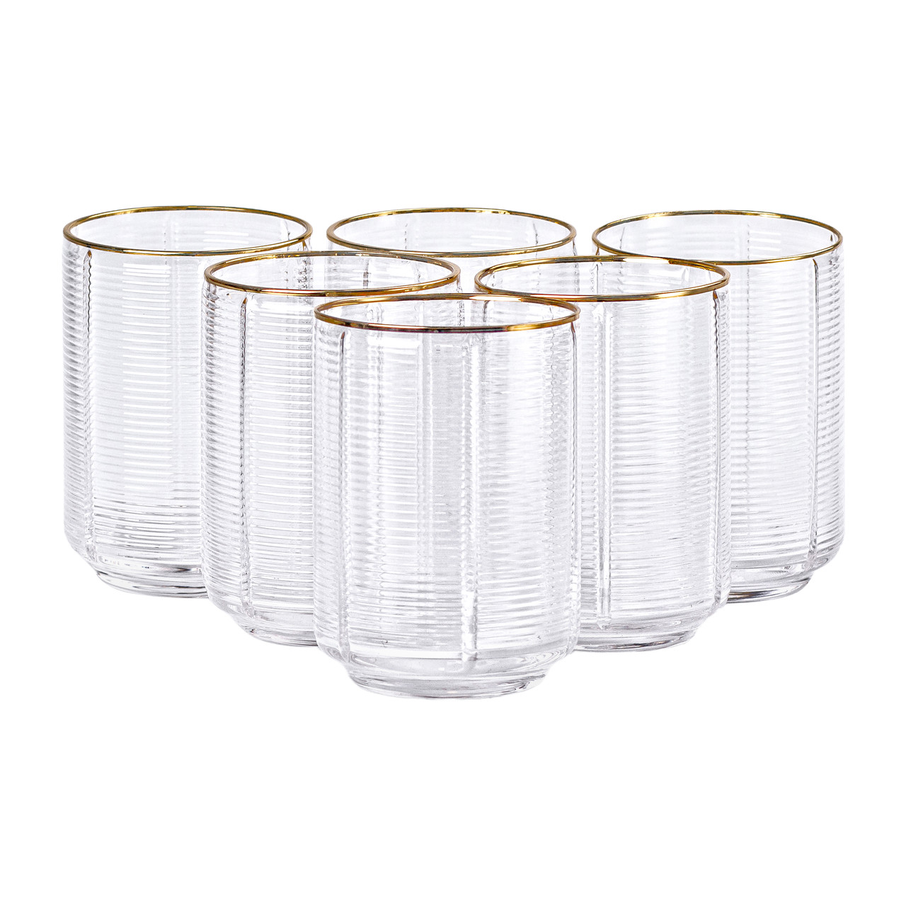 Набір із шести низьких склянок 450 мл із золотим обідком та ребристою поверхнею для стильної подачі напоїв