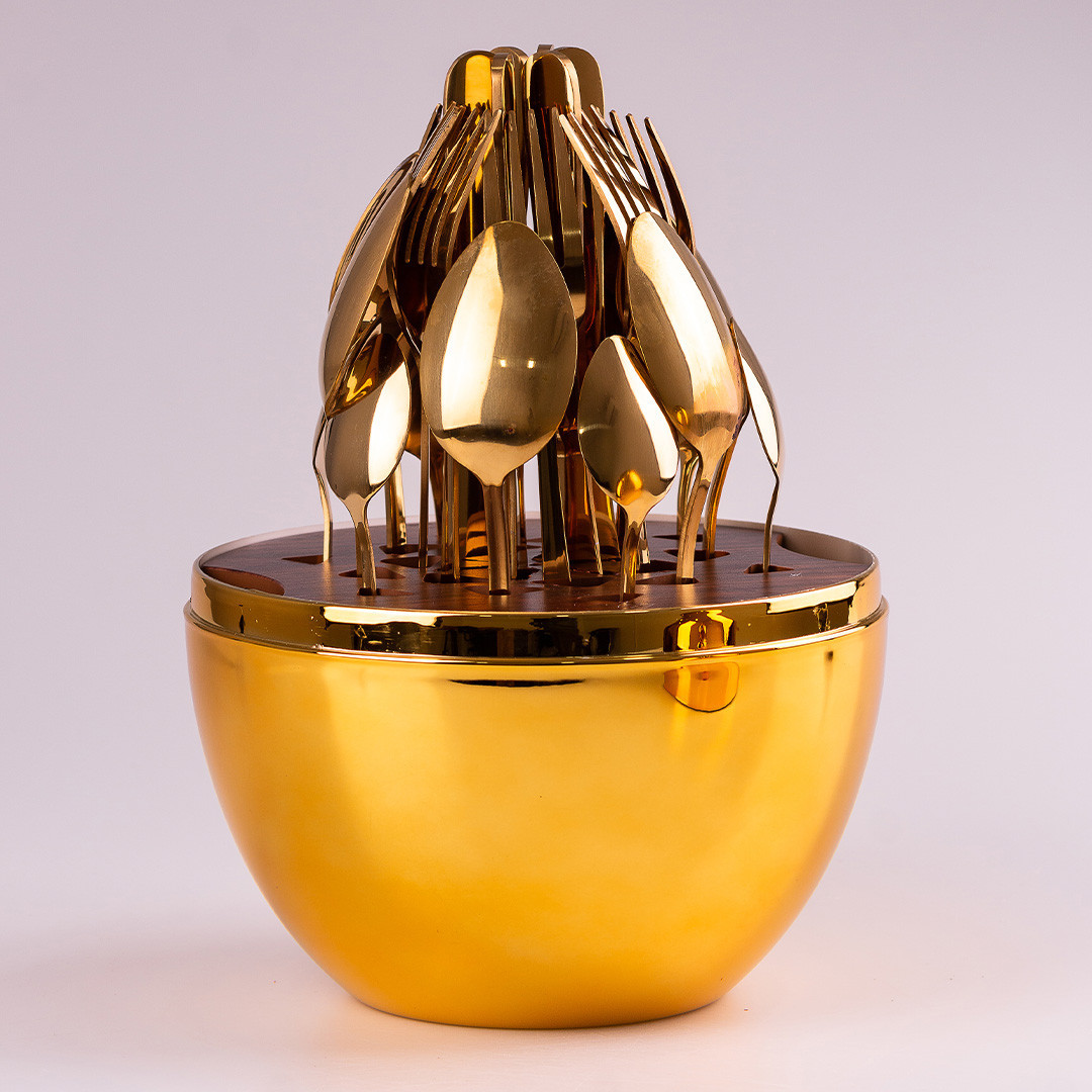 Набір столових приборів на 6 персон 24 шт з підставкою 29 х 19.5 см Золотий