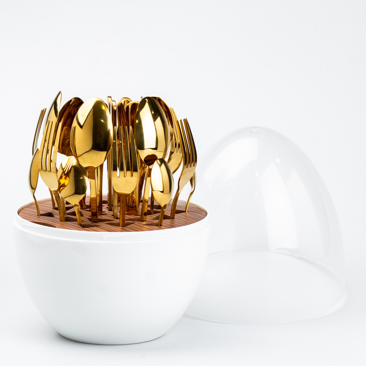 Набір столових приладів золотих на 6 персон із нержавіючої сталі 24 штуки з підставкою Білий