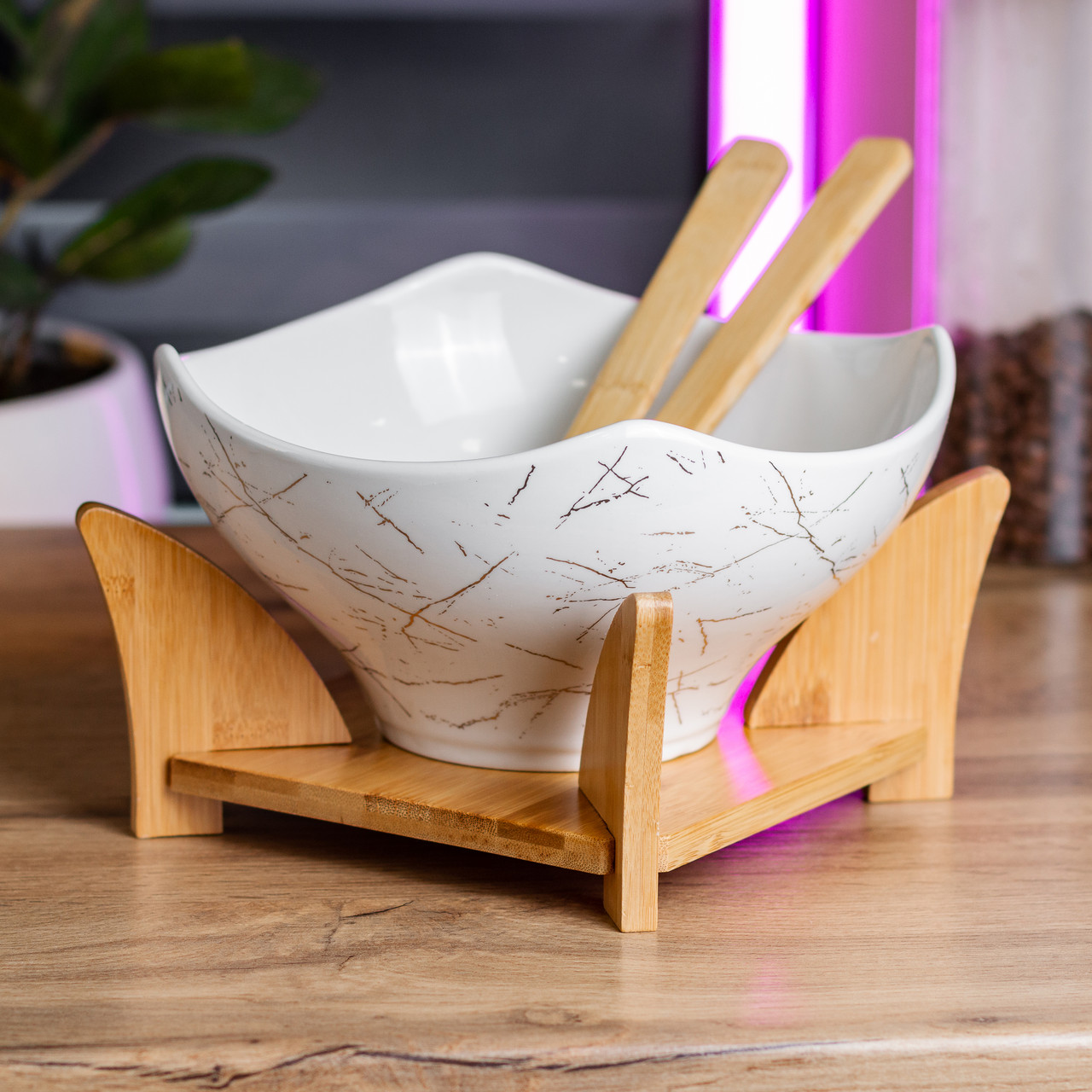 Салатниця на бамбуковій підставці з виделкою і ложкою 22*22*14 см Біла