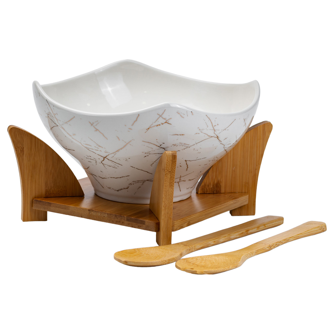 Салатниця на бамбуковій підставці з виделкою і ложкою 22*22*14 см Біла