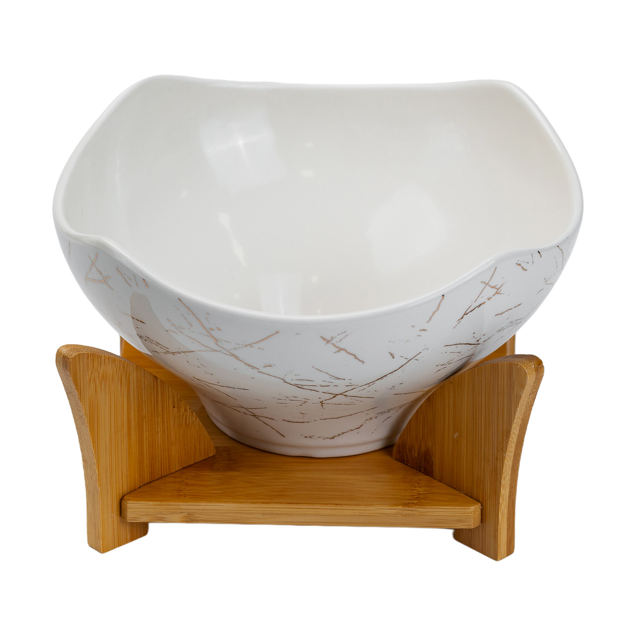 Салатниця на бамбуковій підставці з виделкою і ложкою 22*22*14 см Біла