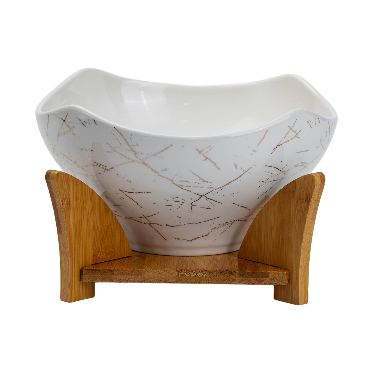 Салатниця на бамбуковій підставці з виделкою і ложкою 22*22*14 см Біла