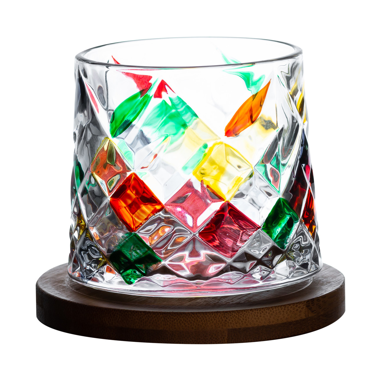 Стакан дзига для віскі 300 мл з бамбуковою підставкоющо обертається.