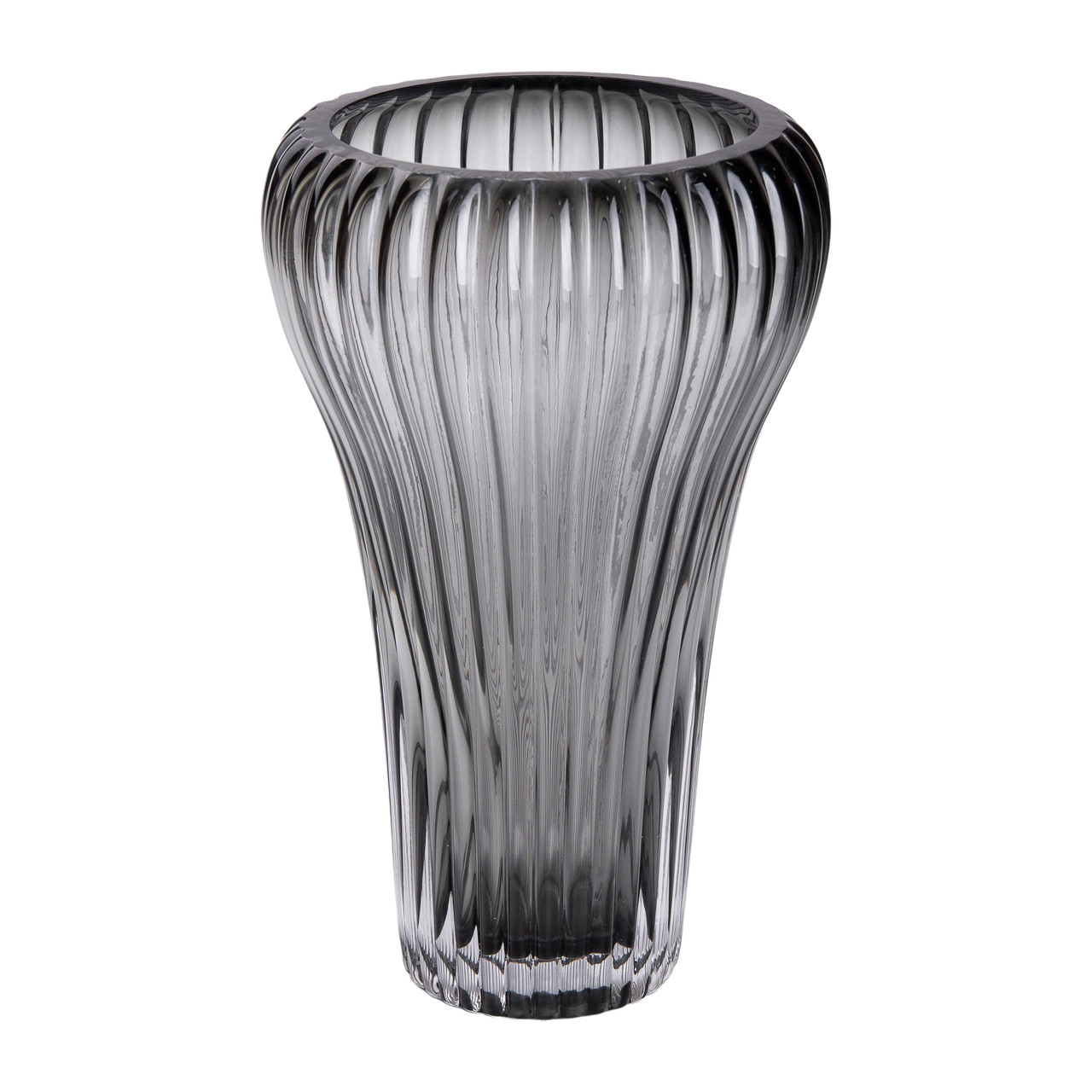 Сіра скляна ваза з рифленою поверхнею, висота 27,5 см, стильний елемент інтер’єру