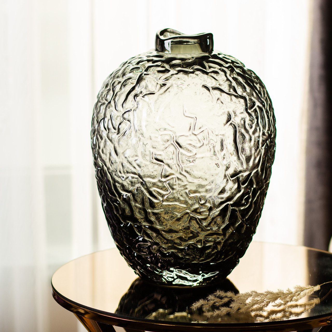 Ваза для квітів зі скла, декоративна кругла, 30 см, сіра.