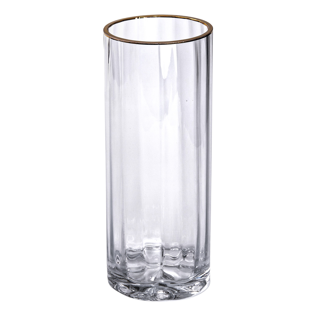 Скляна ваза для квітів 25 см, прозора, з циліндричною формою і золотою окантовкою