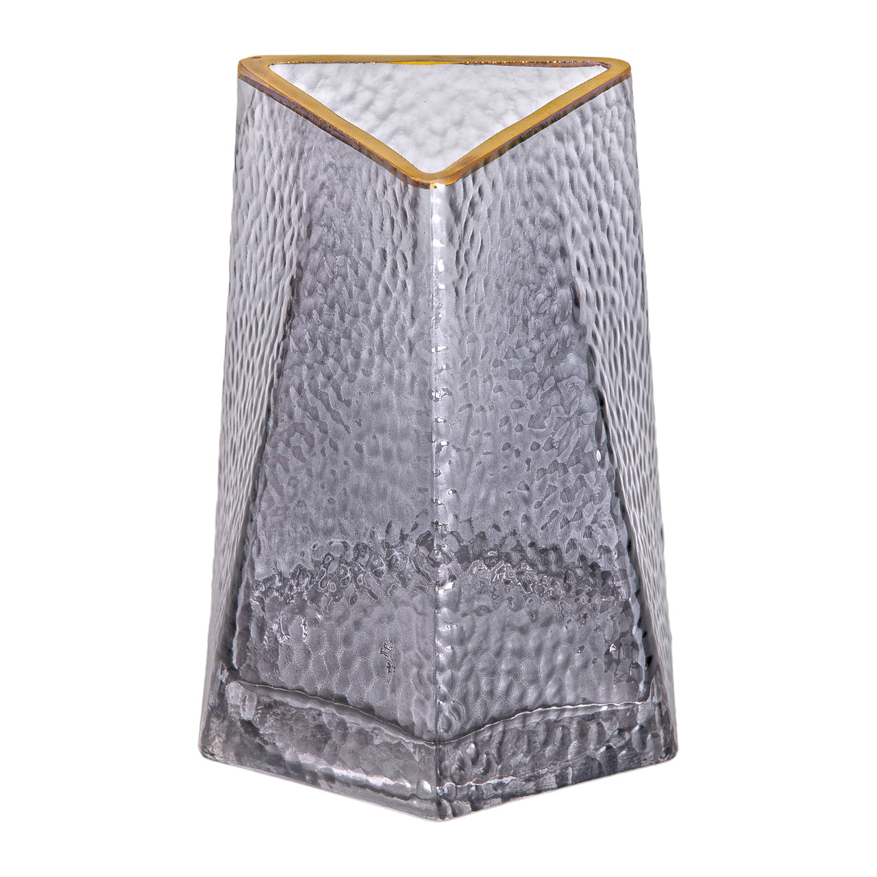Скляна трикутна ваза сіра з золотою окантовкою, висота 15,5 см, декор для квітів та інтер'єру