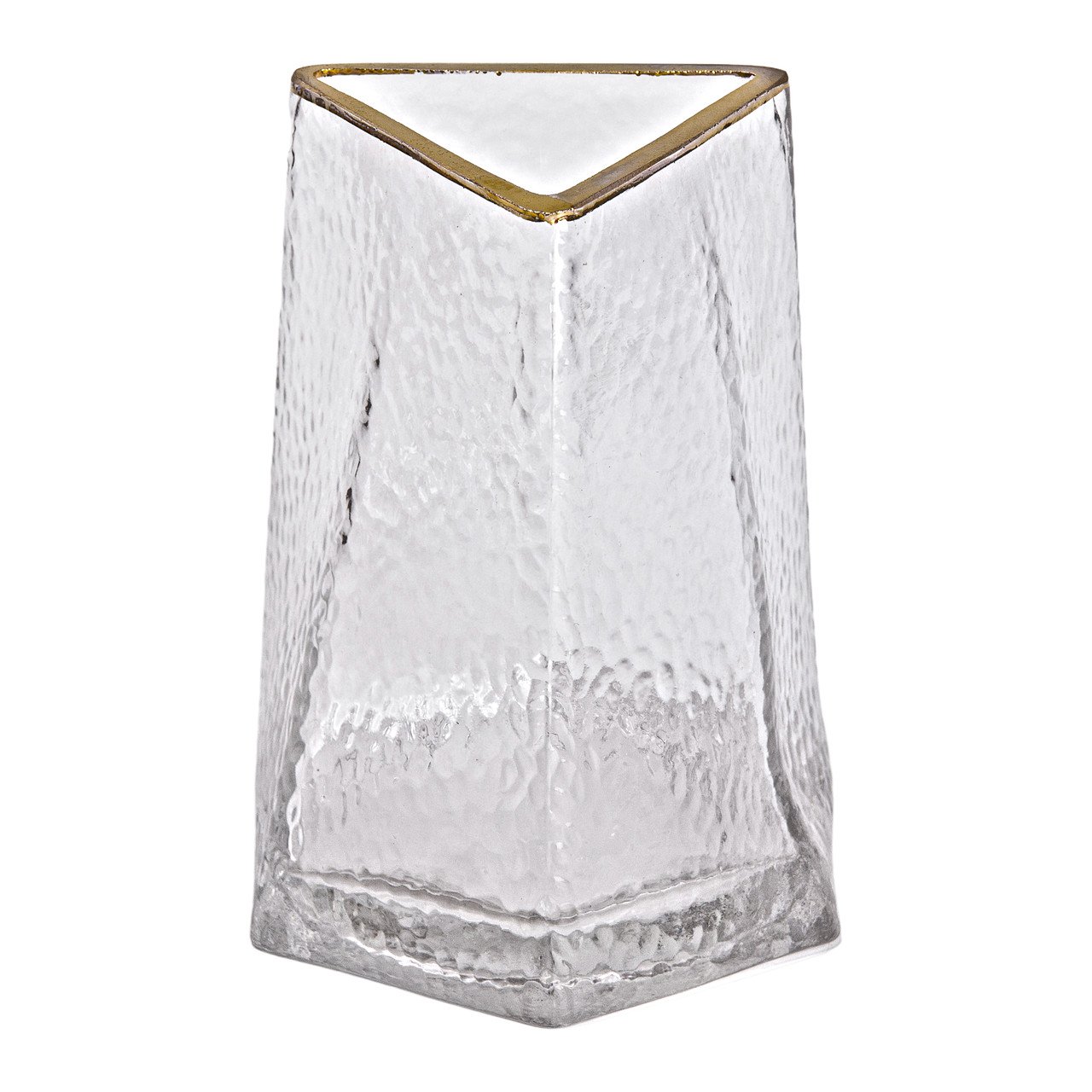Скляна трикутна ваза 16 см, прозора з золотою окантовкою, стильний декор