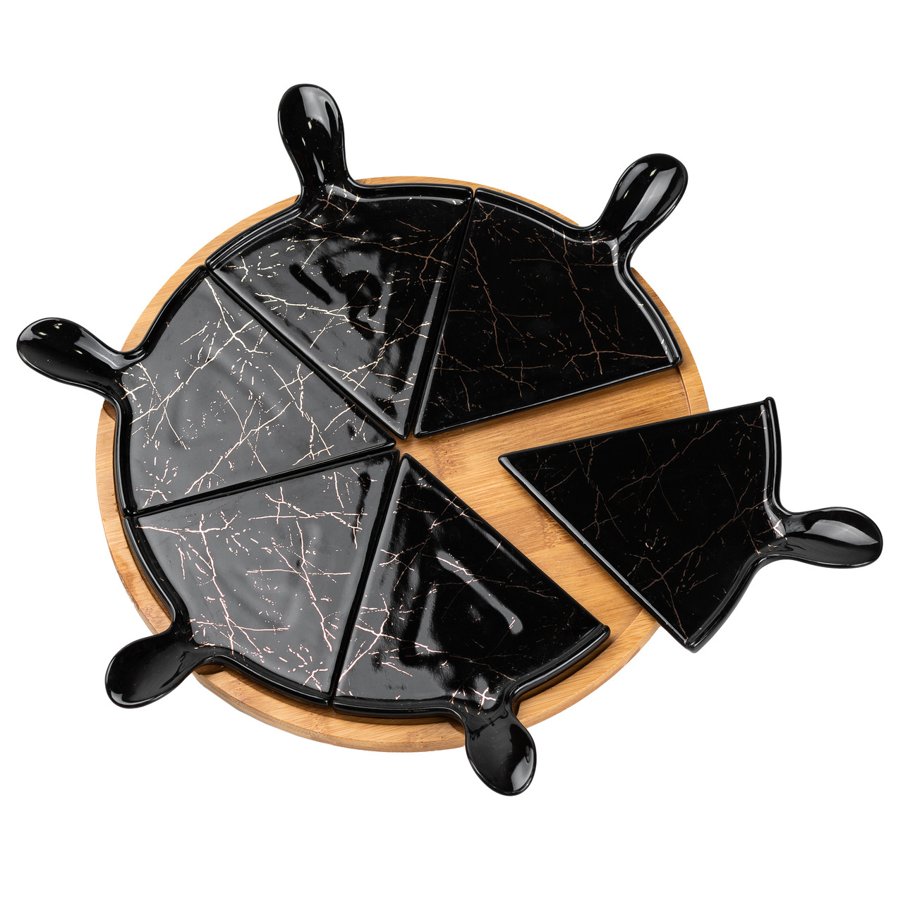 Тарілка для піци 28 см керамічна з бамбуковою підставкою, що обертається, секційна чорна