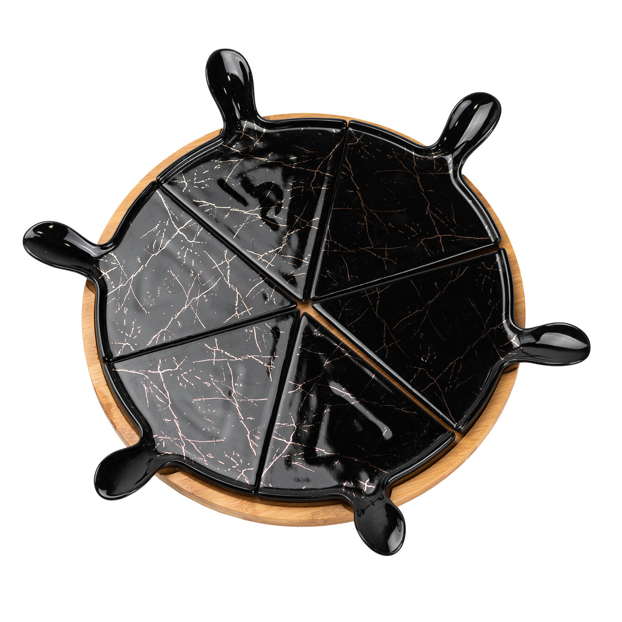 Тарілка для піци 28 см керамічна з бамбуковою підставкою, що обертається, секційна чорна