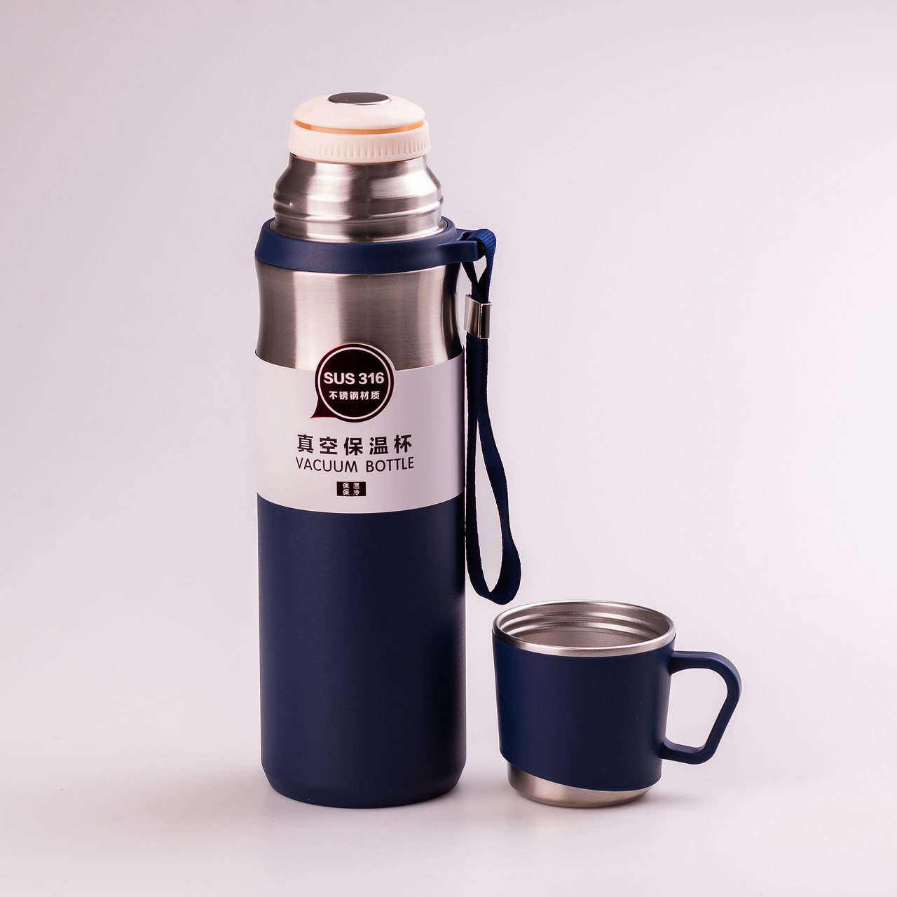 Термос з чашкою та ремінцем 600 мл з металевою колбою Синій