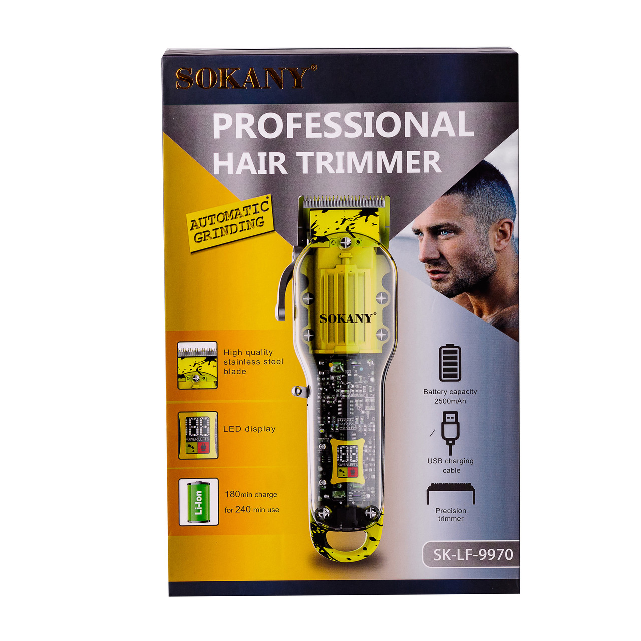 Машинка для стрижки волосся Sokany SK-LF-9970 акумуляторна з 8 насадками Жовтий