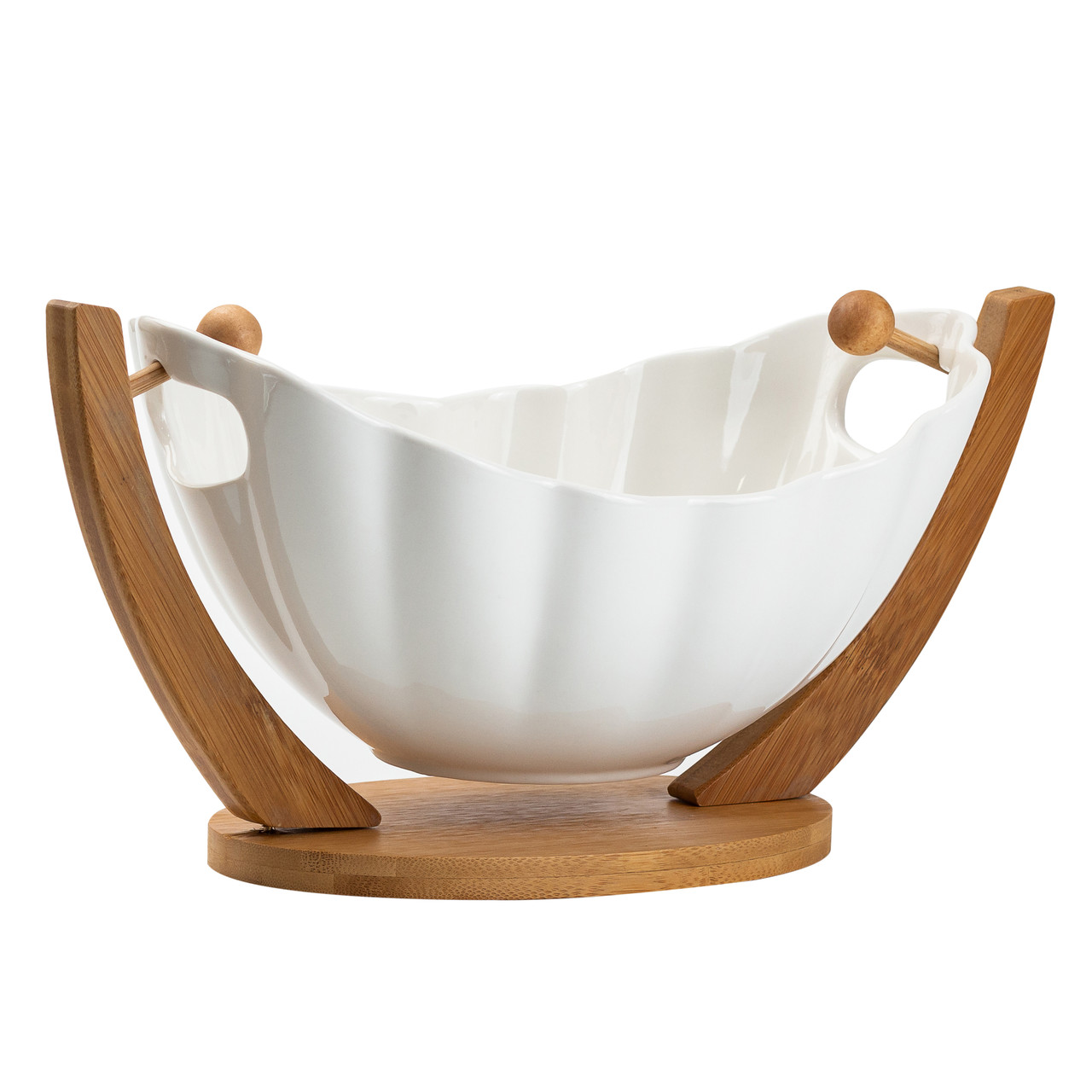 Фруктівниця керамічна 33*14*16 см на бамбуковій підставці, білий