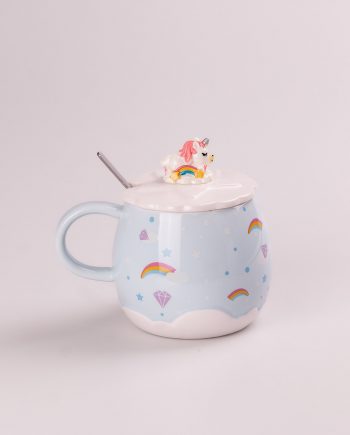 Чашка керамічна Rainbow Ceramic Mug 400ml з кришкою і ложкою Блакитний