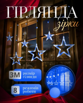 Електрична гірлянда Зірка штора 3 метри на вікно для фотозон синя