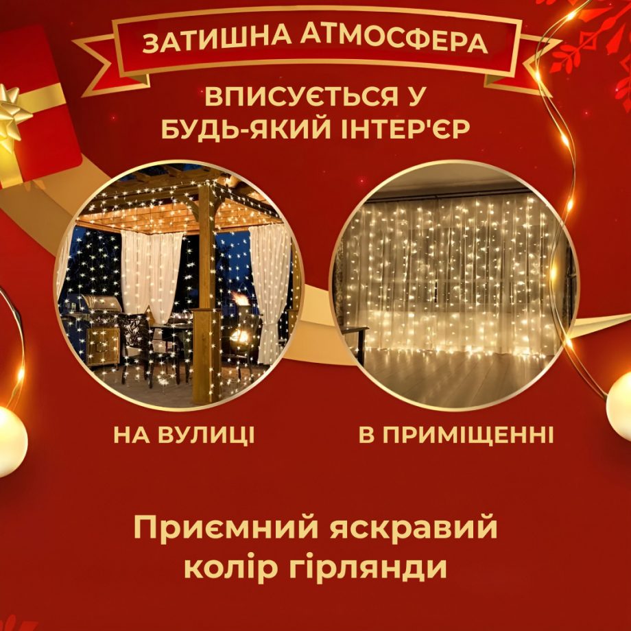 Гірлянда штора світлодіодна GarlandoPro Роса 200LED 3х2м 10 ліній 8 режимів гірлянда крапля роси Жовтий