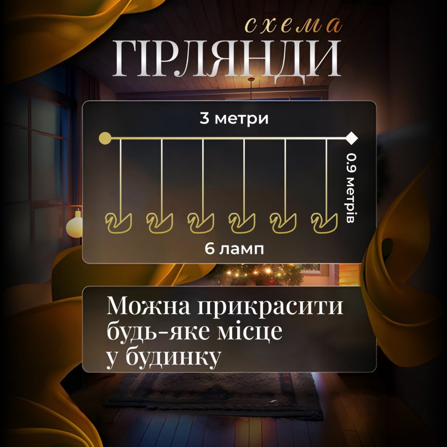 Гірлянда штора з фігурками Сваровскі 3 метри 6 ламп тепле жовте світло