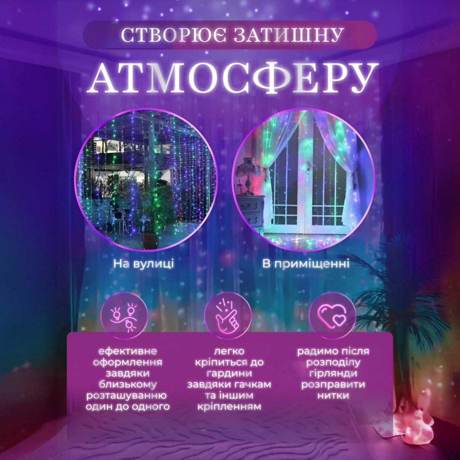 Гірлянда штора 2х2 м 240 LED світлодіодна мідний провід 8 ниток