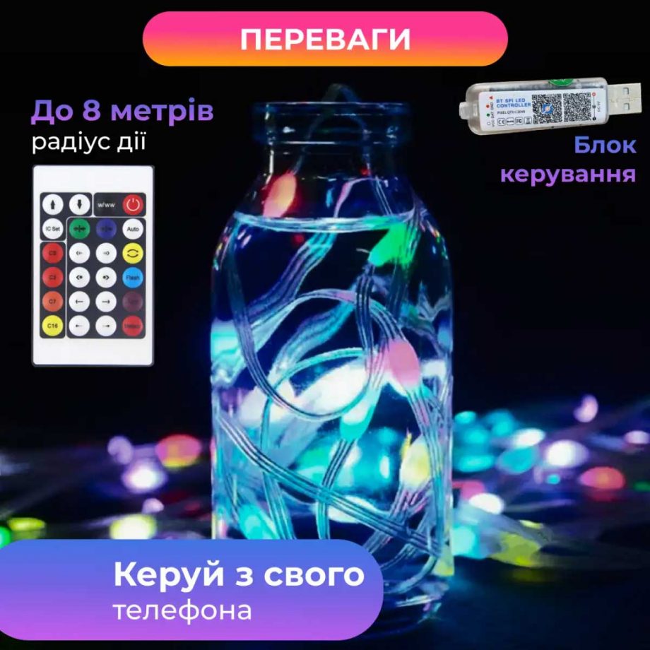 Розумна гірлянда Smart 200 LED довжина 2 м з керуванням зі смартфона прозора, мультиколор