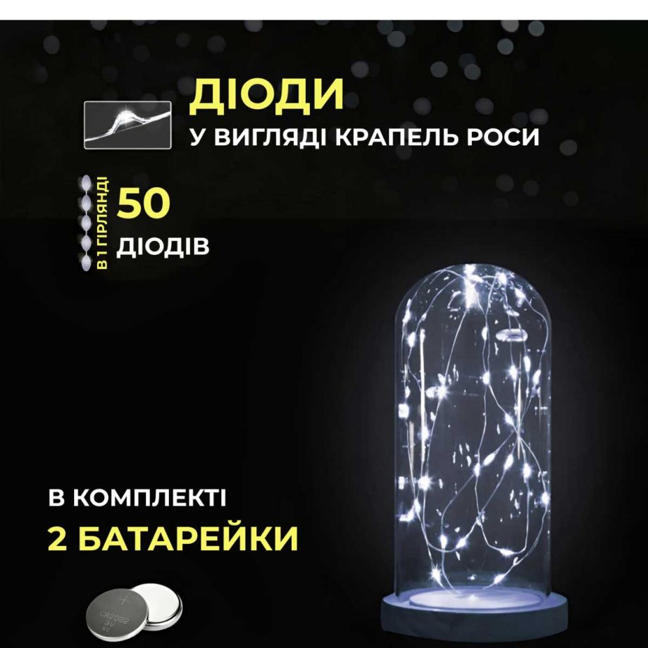 Світлодіодна гірлянда Роса 5 метрів на батарейках 50 led нитка на білому дроті біла