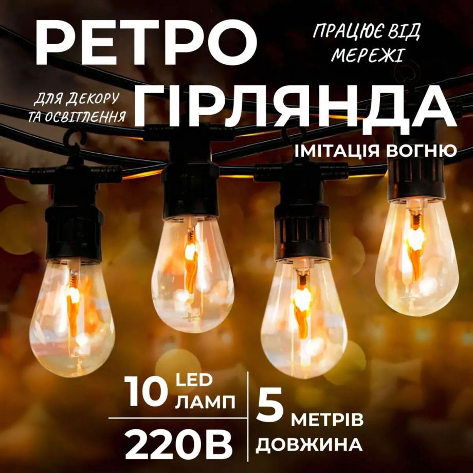 Ретро гірлянда вулична 10 LED лампочок 5 метрів А60