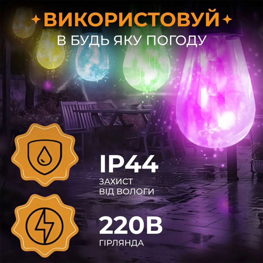 Гірлянда вулична у стилі ретро світлодіодна мультиколор S14 на 10 LED ламп завдовжки 5 метрів