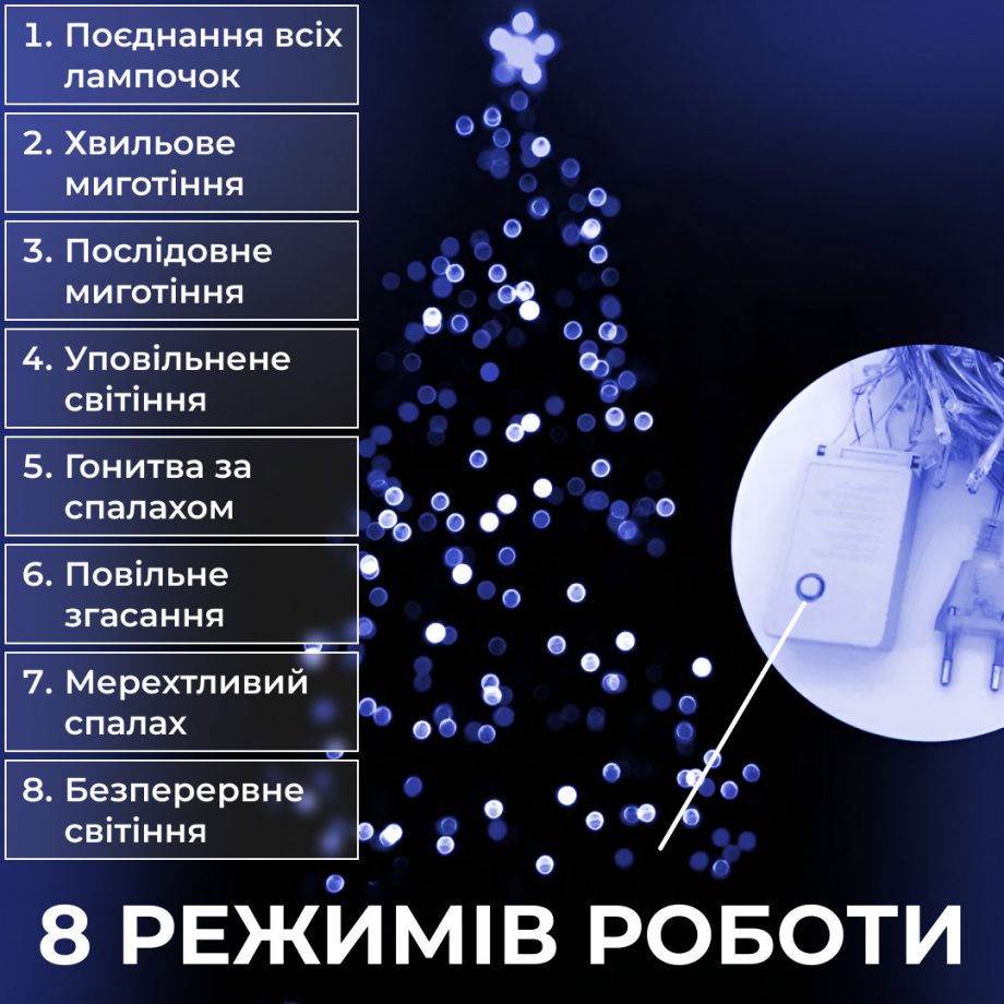 Гірлянда нитка 22 м на 218 LED лампочок світлодіодна чорний провід 8 режимів работи Синій