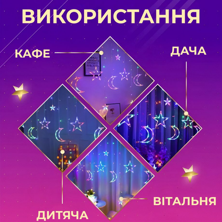 Гірлянда світлодіодна штора GarlandoPro зірка і місяць 108LED 3х0,9 м гірлянда зірка