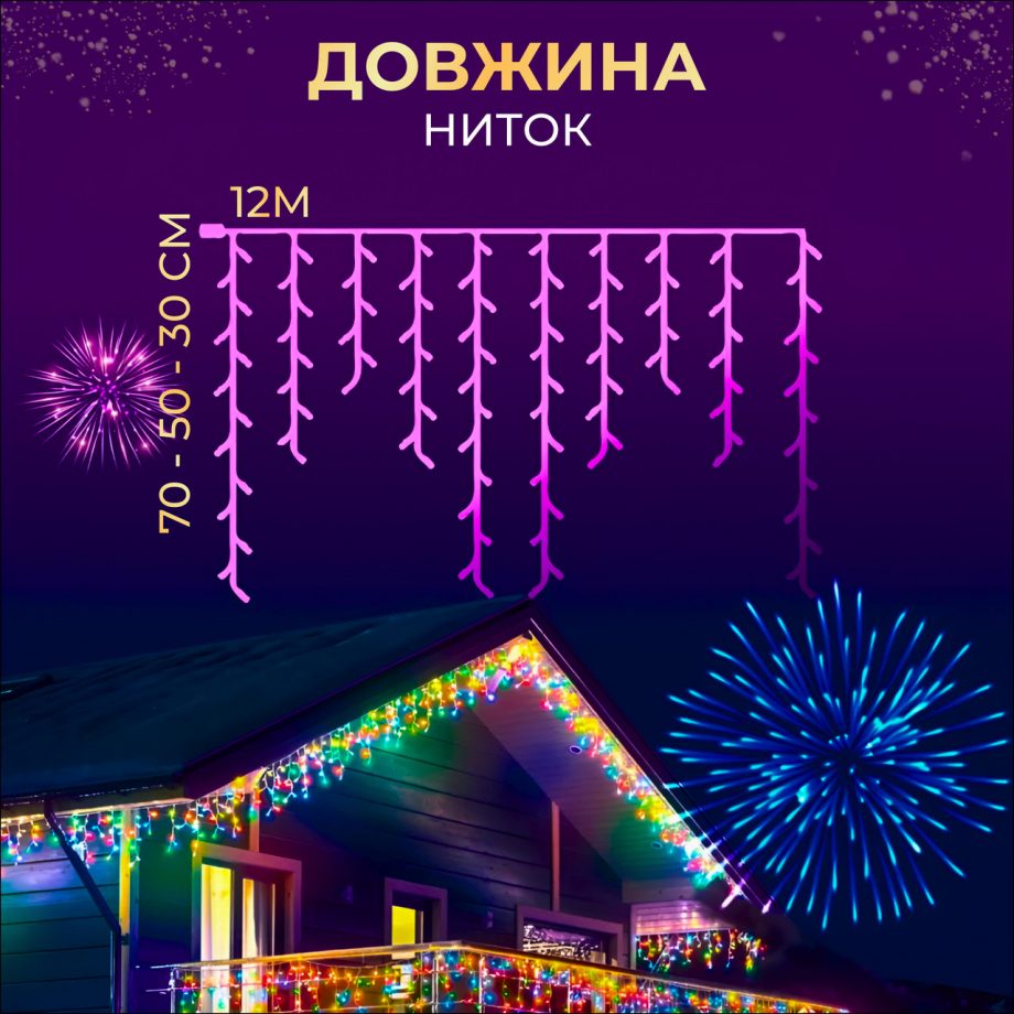 Вулична гірлянда бахрома 12(м) 200 led світлодіодів зовнішня мультиколор чорний дріт
