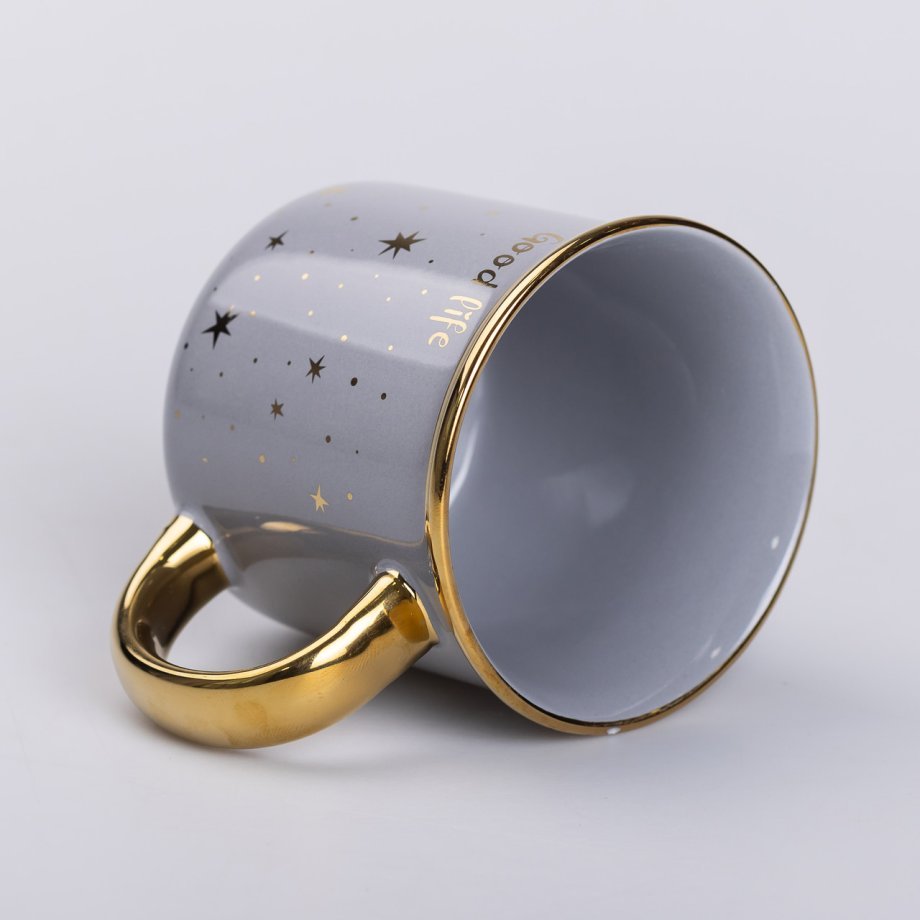 Чашка керамічна із золотим обідком та позолоченою ручкою 320 (мл) Good life Сіра