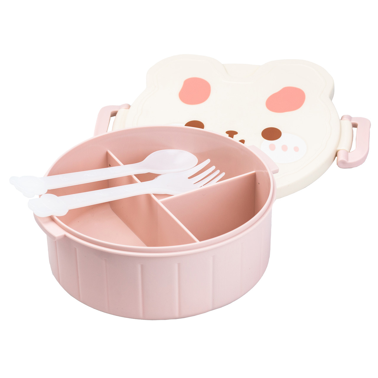 Дитячий ланч бокс на три секції 950 мл пластиковий з вилкою та ложкою "Ведмедик" Рожевий