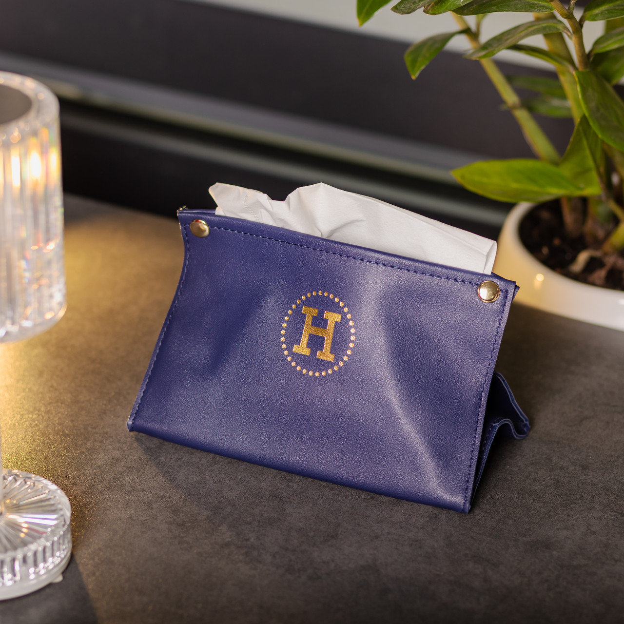 Серветниця автомобільна з еко шкіри 20х7.5х11.5 см органайзер для серветок, Синій