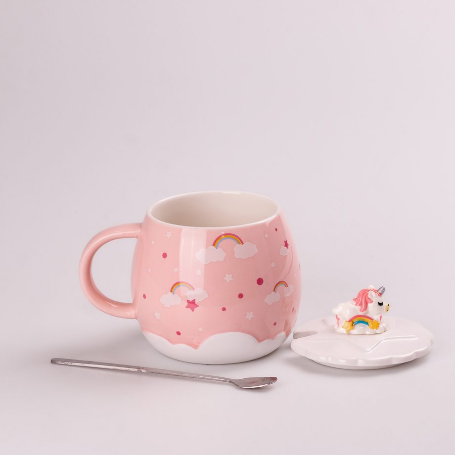 Чашка керамічна Rainbow Ceramic Mug 400ml з кришкою і ложкою Рожевий