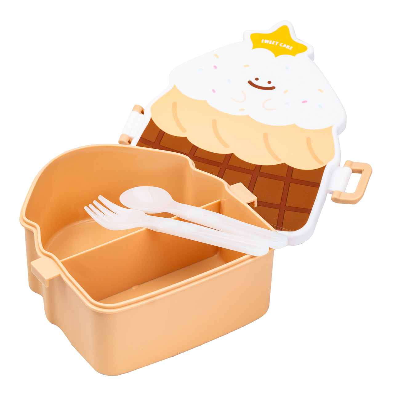 Дитячий ланч бокс на дві секції 950 мл пластиковий з вилкою та ложкою "Тістечко" Коричневий