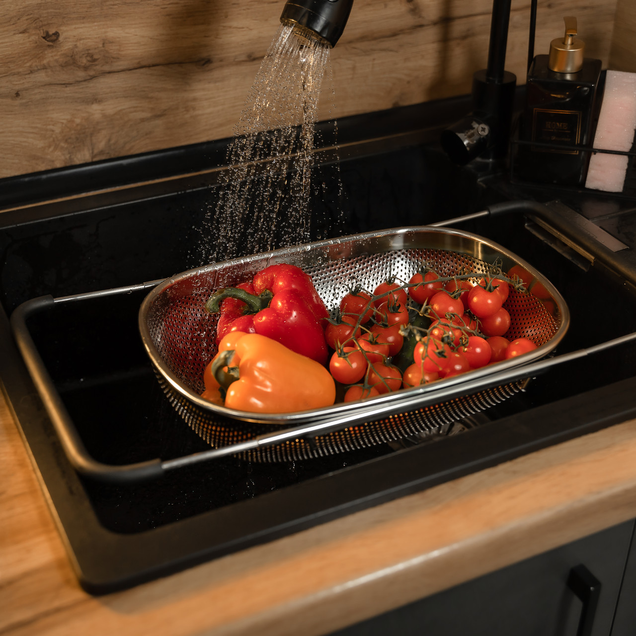 Друшляк сито на раковину для миття овочів та фруктів 36х24х9 см з нержавіючої сталі