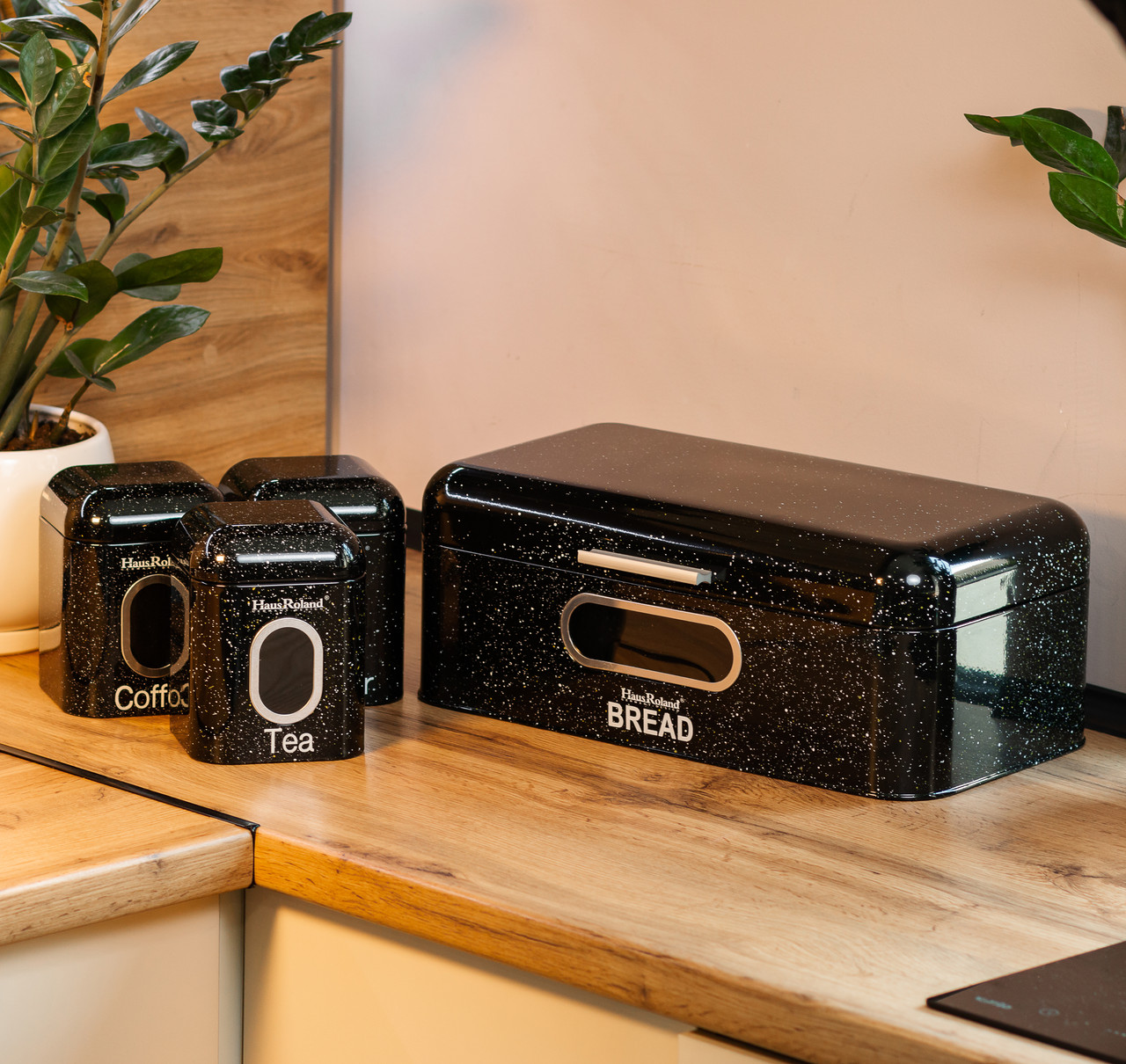 Кошики для хліба, чорні, з банками, для зберігання сипучих продуктів, набір із 3 штук, 1 літр.