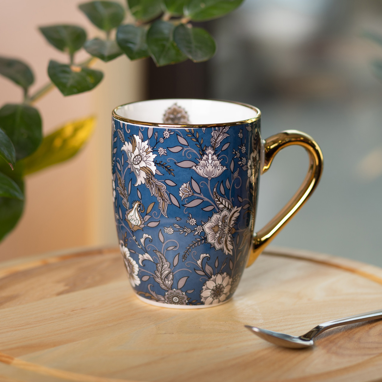 Керамічна кружка 400 (мл) із золотим обідком для чаю та кави Синяя