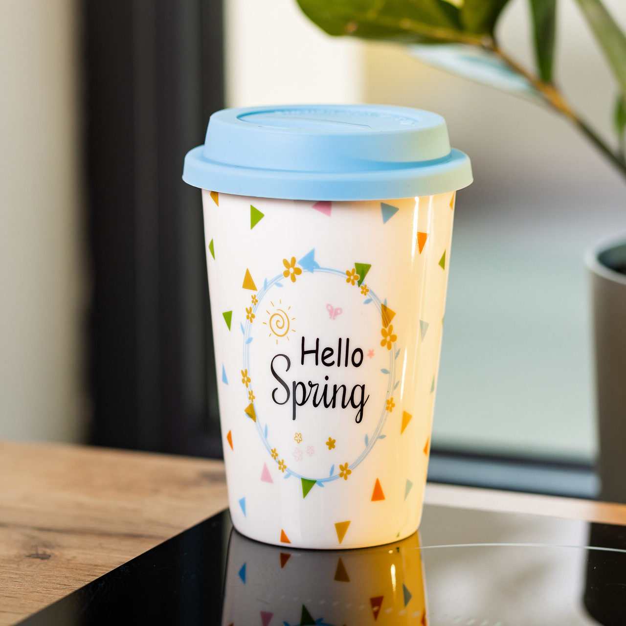 Керамічна склянка з силіконовою кришкою та отвором для трубочки 420 (мл) кружка без ручки