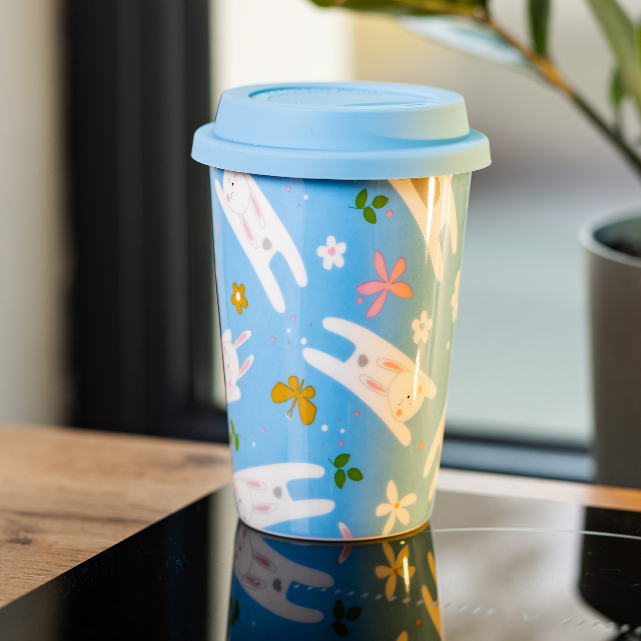 Керамічна склянка з силіконовою кришкою та отвором для трубочки 420 (мл) кружка без ручки