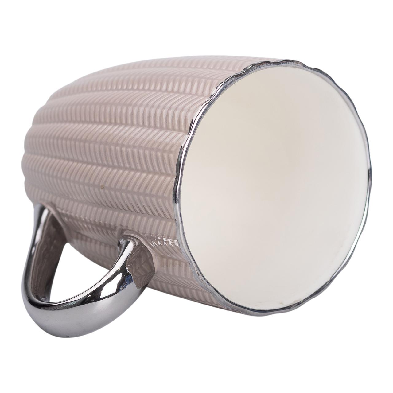 Чашка керамічна 400 (мл) зі сріблястим обідком та ручкою Кремова