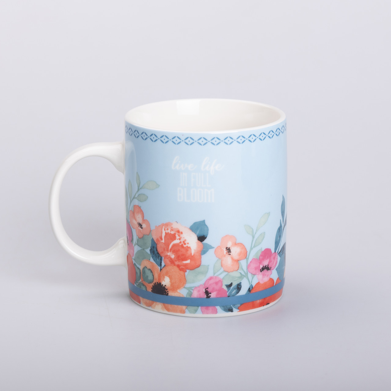Чашка керамічна з квітковим принтом 400 (мл) для чаю та кави Блакитна