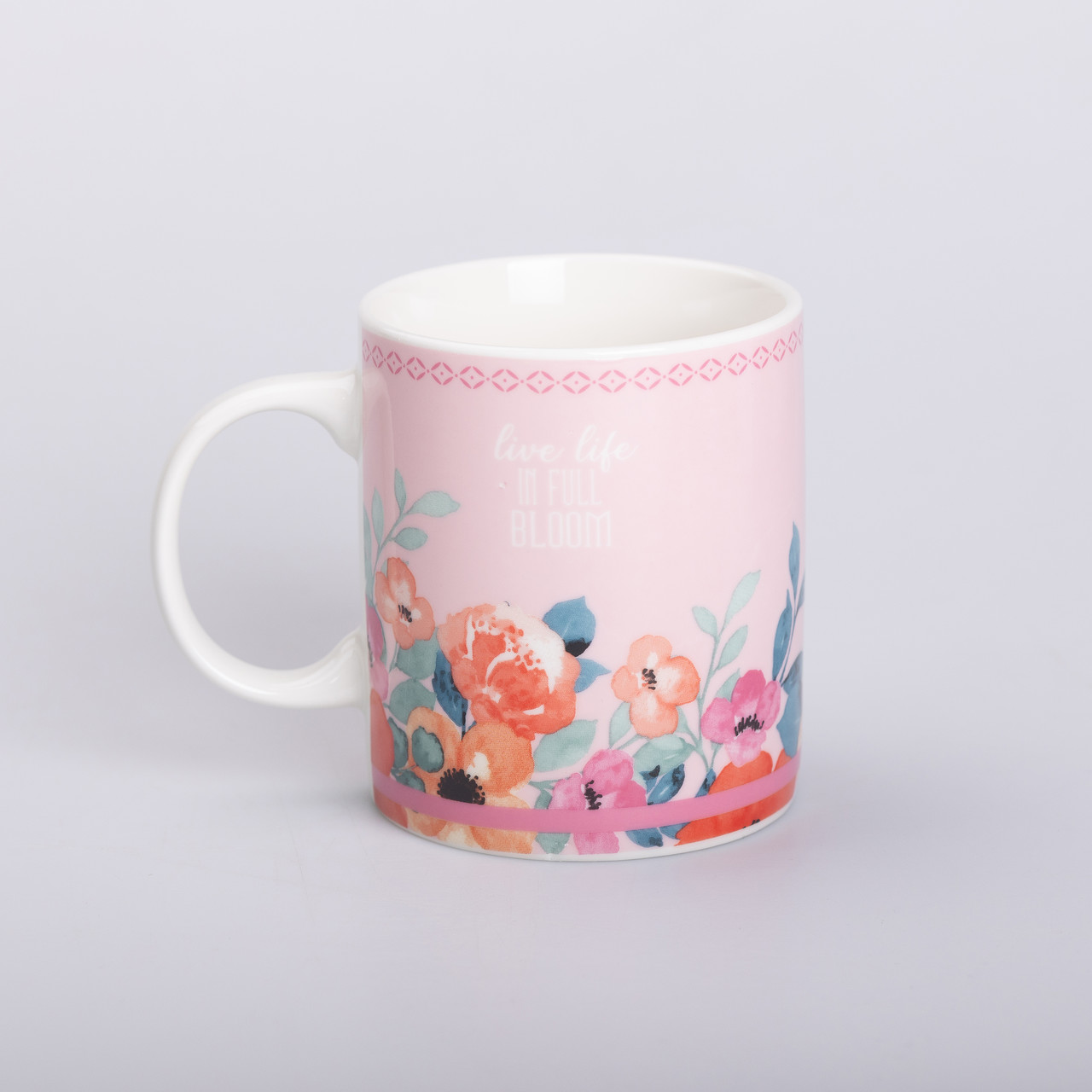 Чашка керамічна з квітковим принтом 400 (мл) для чаю та кави Рожева