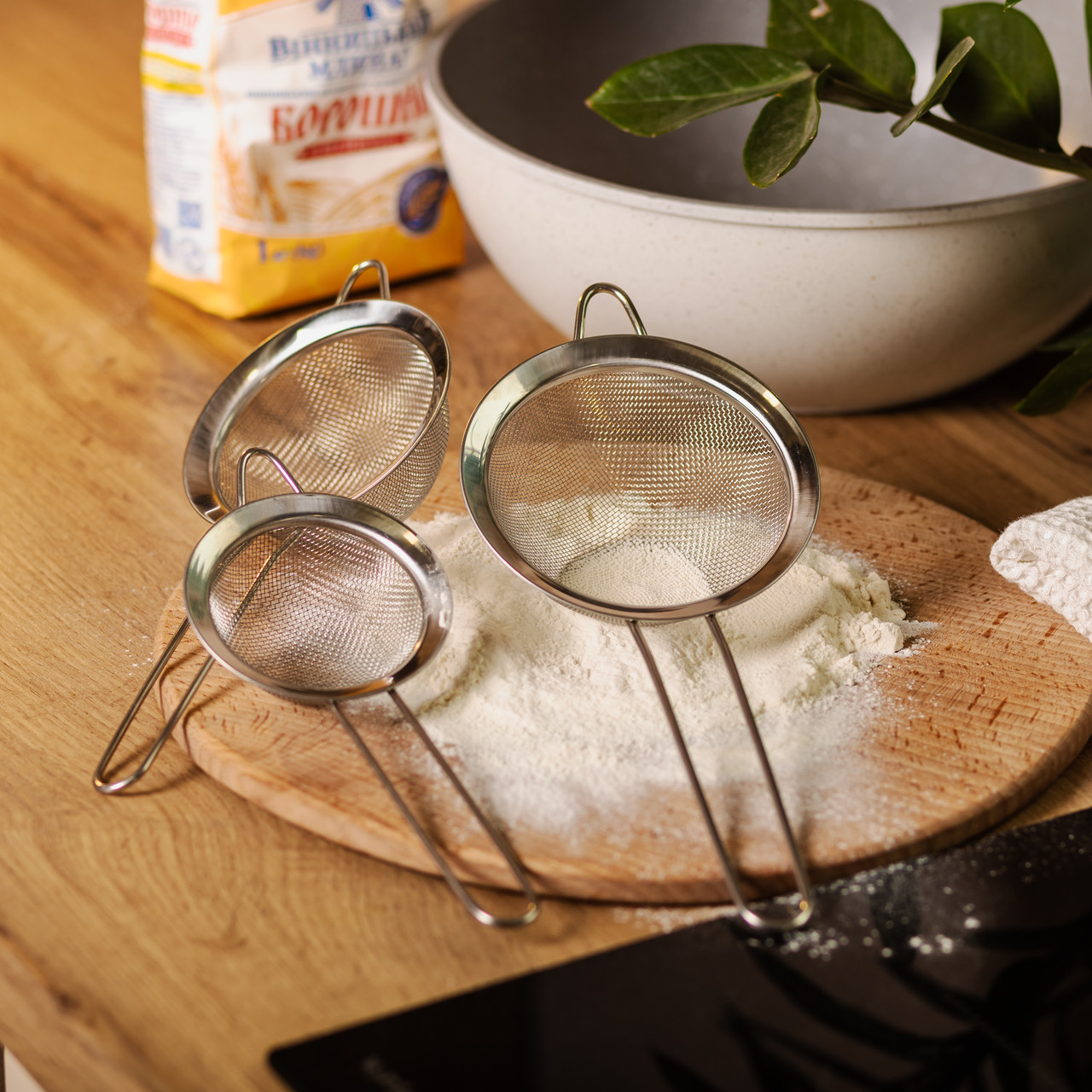 Набір ситечок 3 штуки для чаю круп та борошна 8,10 та 12 см з нержавіючої сталі